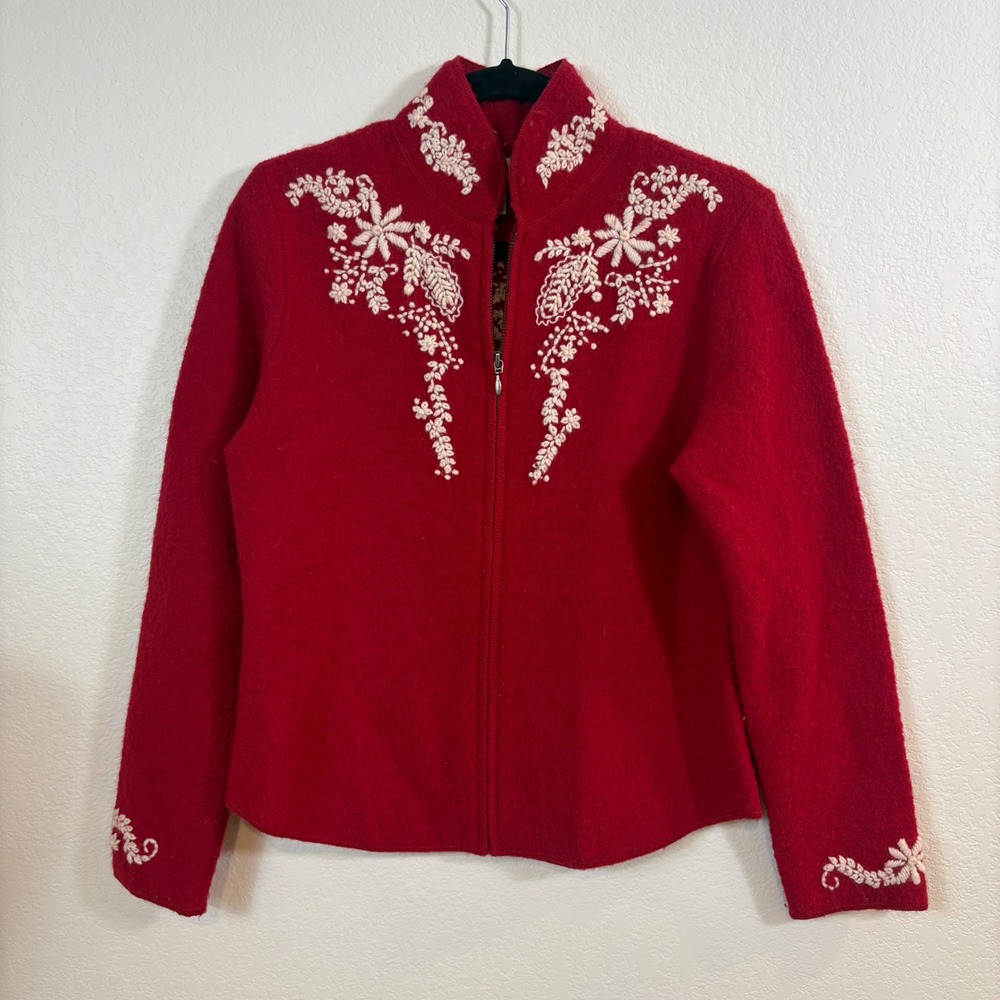 Coldwater Creek Jacket Women S Red Vintage Wool Embroidered Christmas Tree